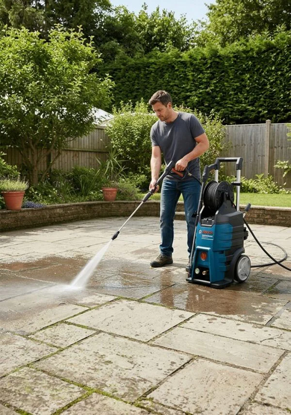Man pressure-washing a stone patio in a sunny backyard, directing a spray from a blue pressure washer onto the pavement.