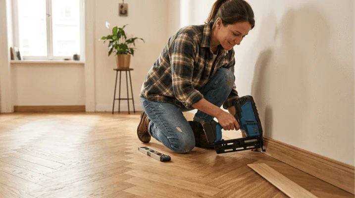Woman kneeling on a wooden floor, using a nail gun to install planks during a flooring project.