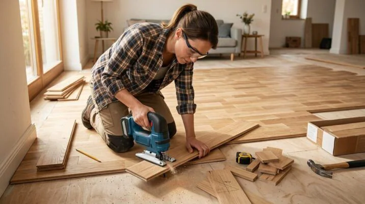 Woman kneeling on a wooden floor, cutting plywood with a jigsaw during home renovation.