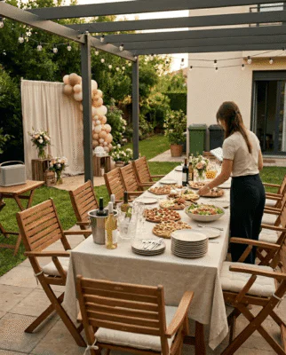 Espacio preparado para una fiesta en casa con decoración e iluminación