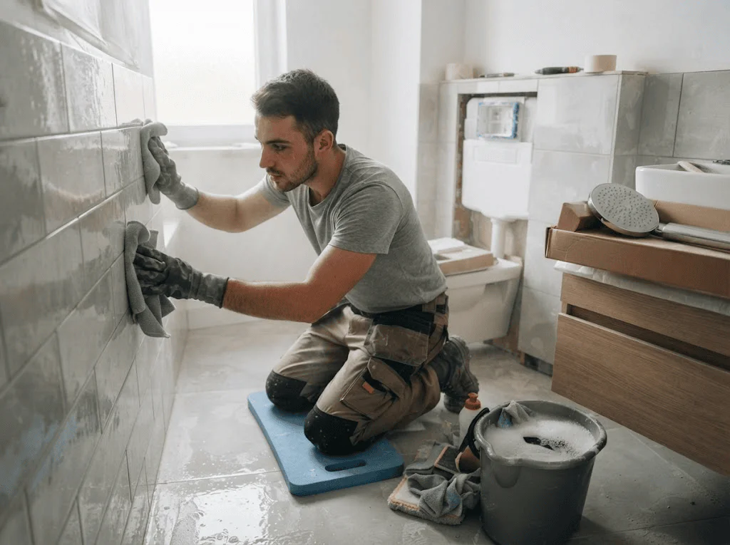 Man kneels on a blue pad, installing gray bathroom tiles with gloved hands while a bucket and tools sit nearby.