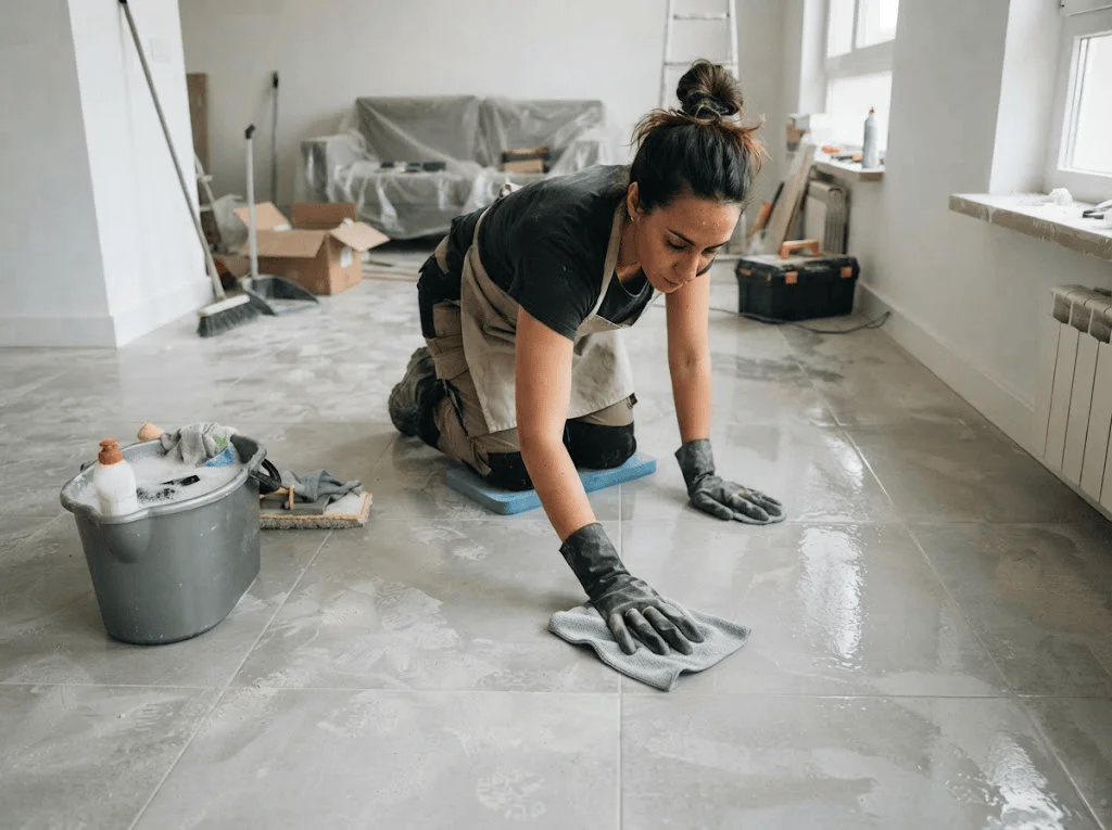 Woman kneeling on a glossy tiled floor, wiping it with a cloth while wearing gloves and an apron in a construction-filled room.