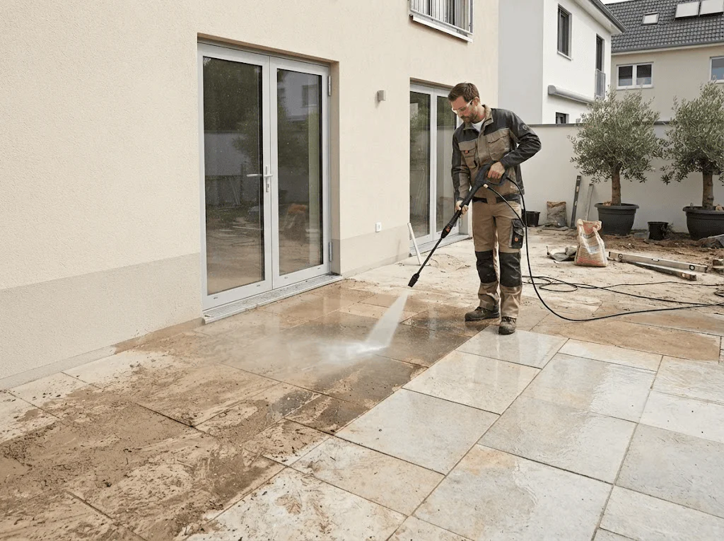 Man in work clothes uses a pressure washer to clean a wet, dirt-streaked tiled patio outside a modern house.