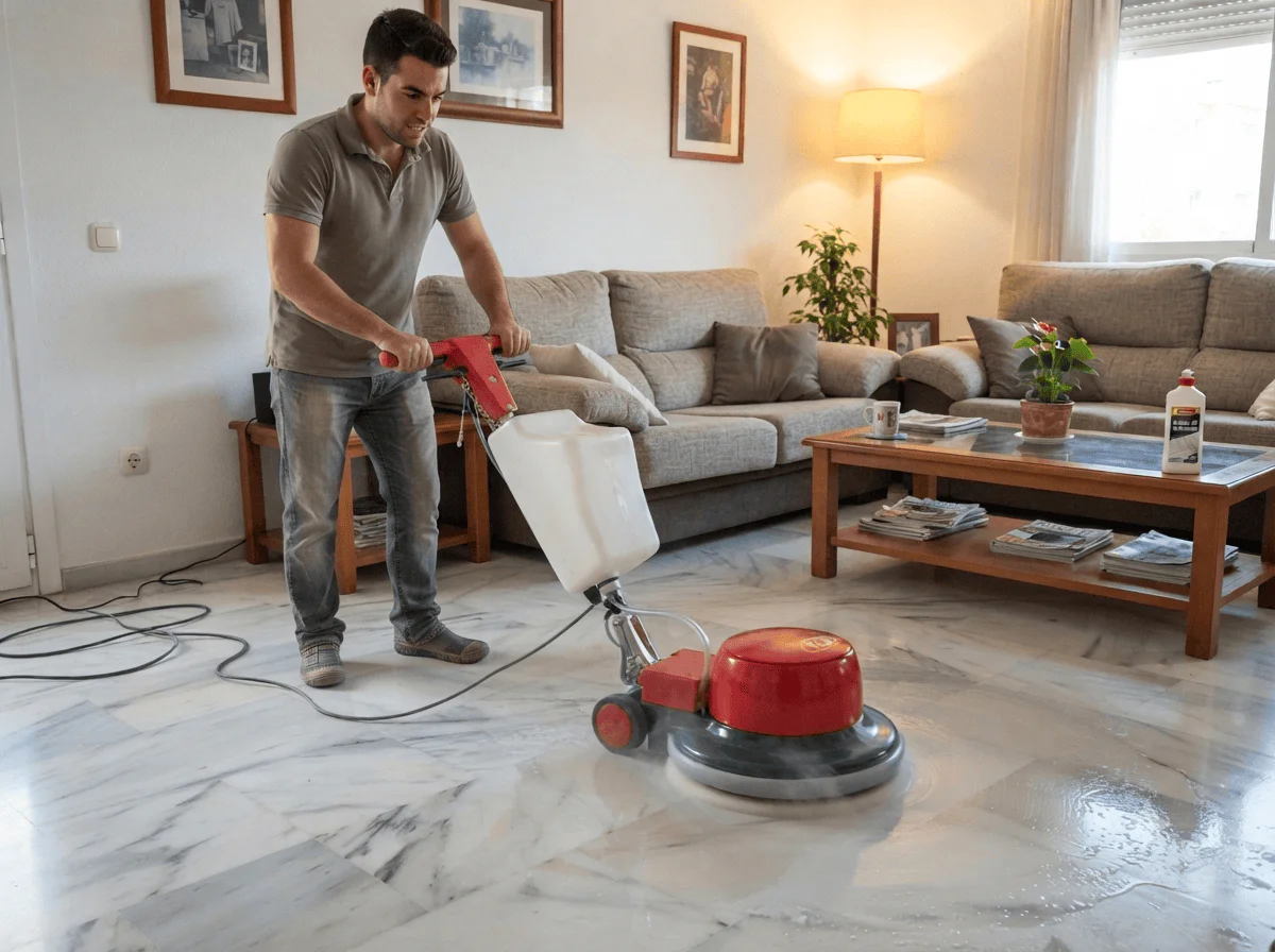 Man pushing a red floor buffer across a marble living room floor, polishing it.