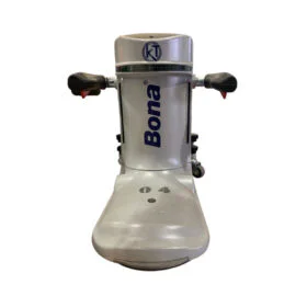 Industrial floor polisher with two handles and a white body featuring a blue Bona logo, facing forward from the base view