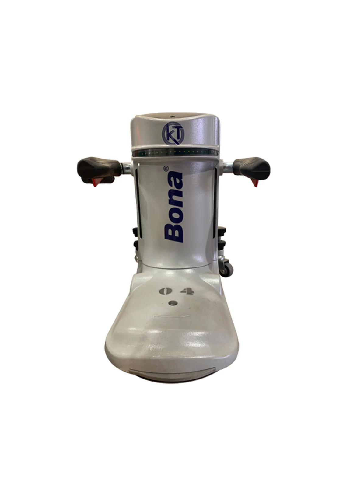 Industrial floor polisher with two handles and a white body featuring a blue Bona logo, facing forward from the base view