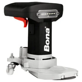 Cordless Bona floor buffer/polisher with a red trigger, mounted on a wheeled base for floor finishing