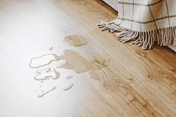 Liquid spill on a wooden floor near a fringed rug with plaid pattern edge.