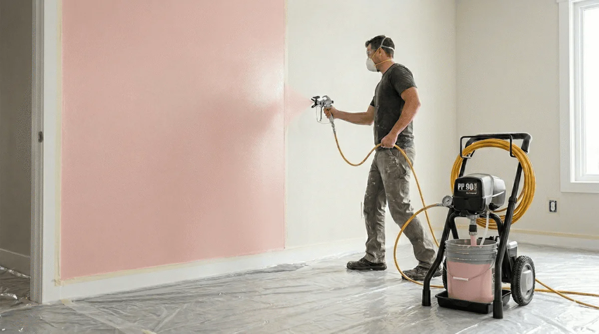 Worker in respirator spraying pink paint on an interior wall; plastic sheeting on the floor reflects protective setup and gear nearby.