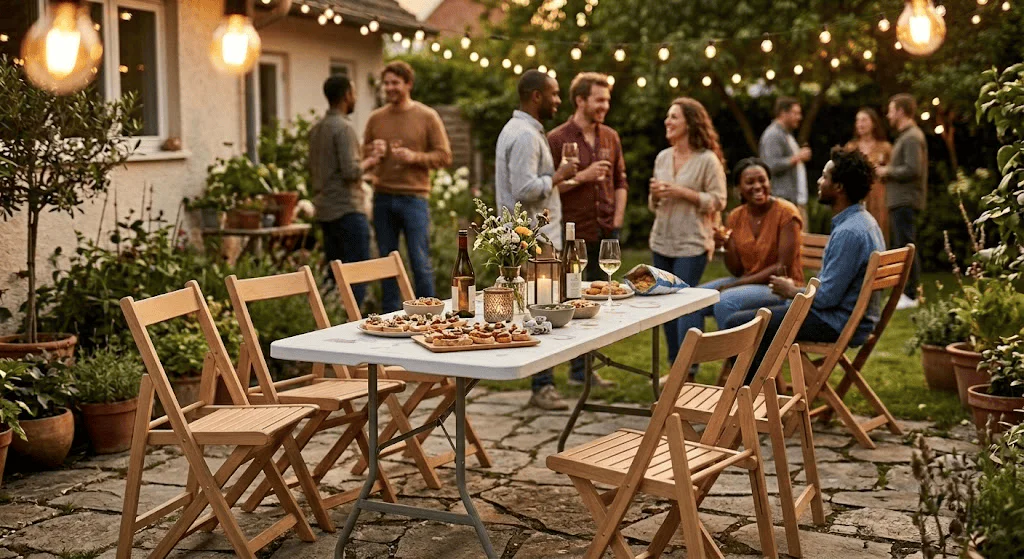 Backyard party at dusk with string lights, a long table of snacks and wine, and guests chatting.