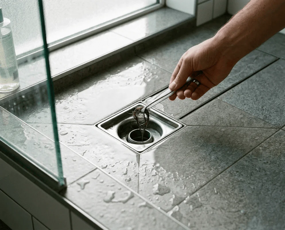 Person uses tweezers to pull hair from a hair-clogged floor drain on a wet tiled surface.