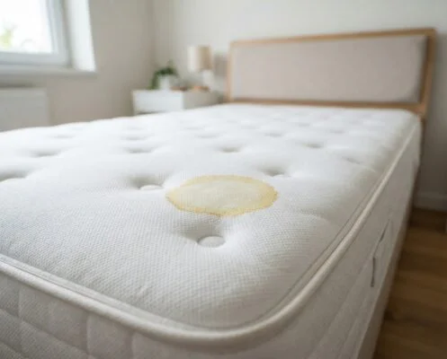 Close-up of a white mattress with a yellow stain on top, in a bright bedroom with a wooden bed frame.