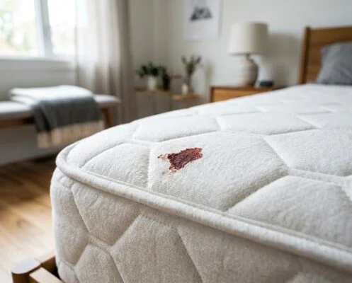 Close-up of a light gray quilted mattress with a reddish-brown stain, in a softly lit bedroom scene.