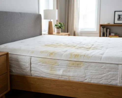 Bed with a white mattress showing yellow stains on a wooden frame in a bright, modern bedroom