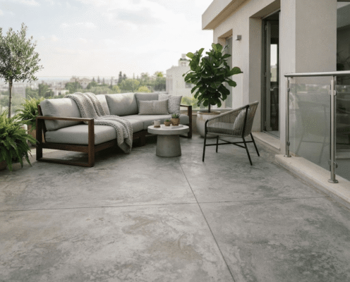 Modern rooftop terrace with a gray sectional sofa, knitted throw, round coffee table, black metal chair, potted plants, glass railing, and a city view.