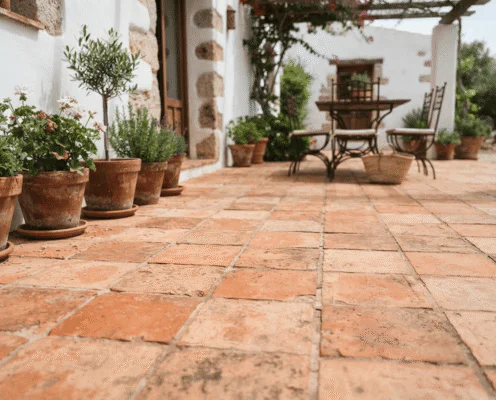 Terracotta-tiled patio along a white stone wall with potted plants; a metal bistro table and chairs sit in the background.