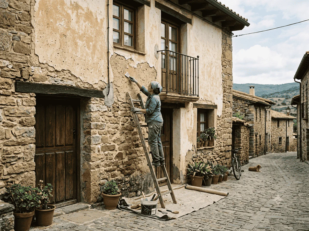 Worker on a ladder patching a weathered plaster wall of an old stone house on a cobblestone street, with potted plants outside and a distant cat in the road.