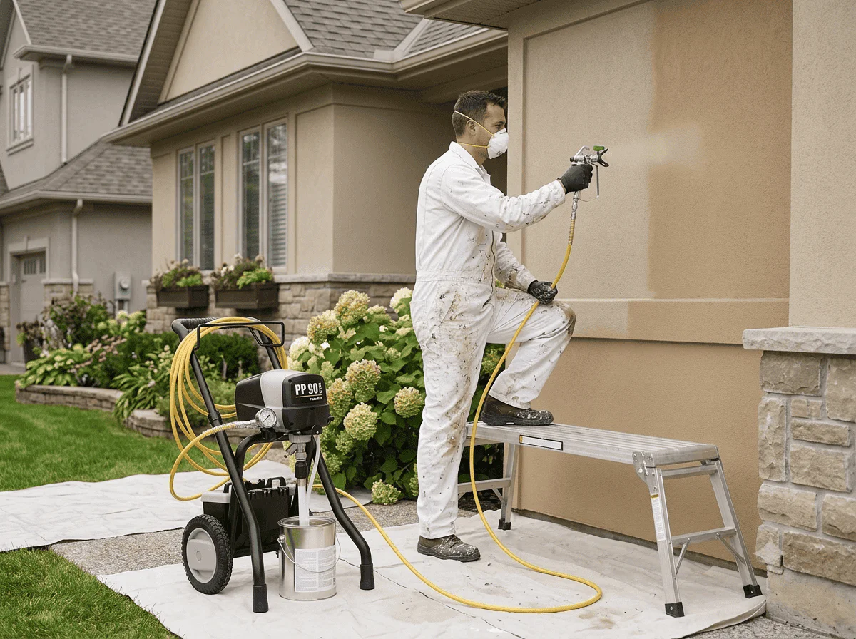 Worker in white coveralls and mask spray-paints the exterior wall using a spray gun on a ladder, connected to a compressor.