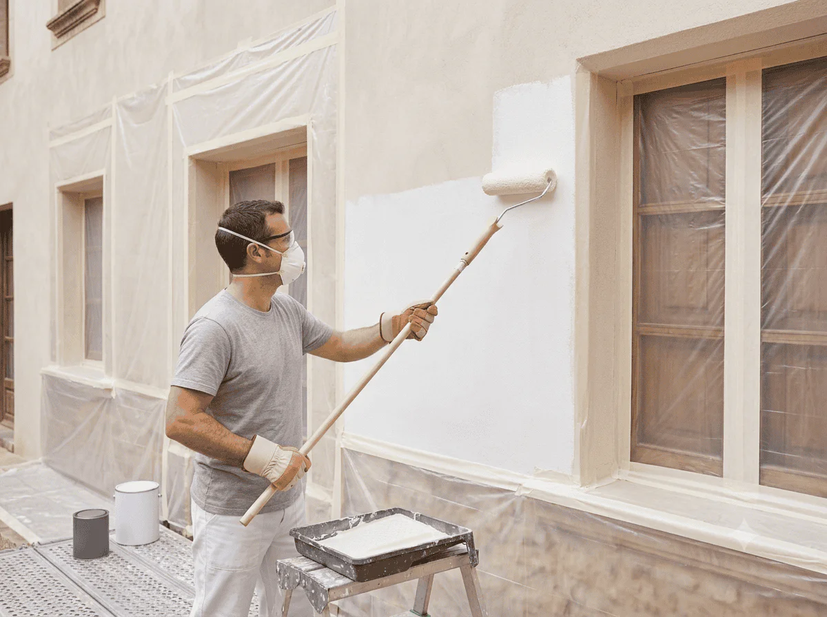 Construction worker wearing a mask and gloves rolling white paint onto an exterior wall beside taped windows.