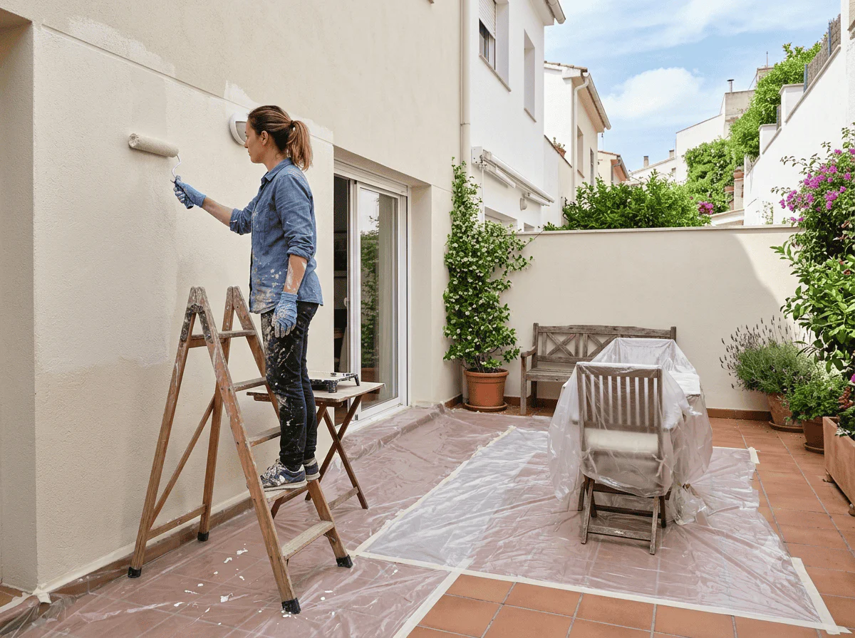 Woman on a ladder painting the exterior wall with a roller on a sunlit patio, surrounded by potted plants and furniture covered for protection.