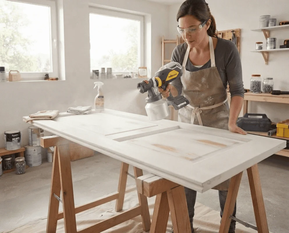 Woman in safety glasses and apron uses a paint sprayer on a white wooden door set on sawhorses in a bright workshop.