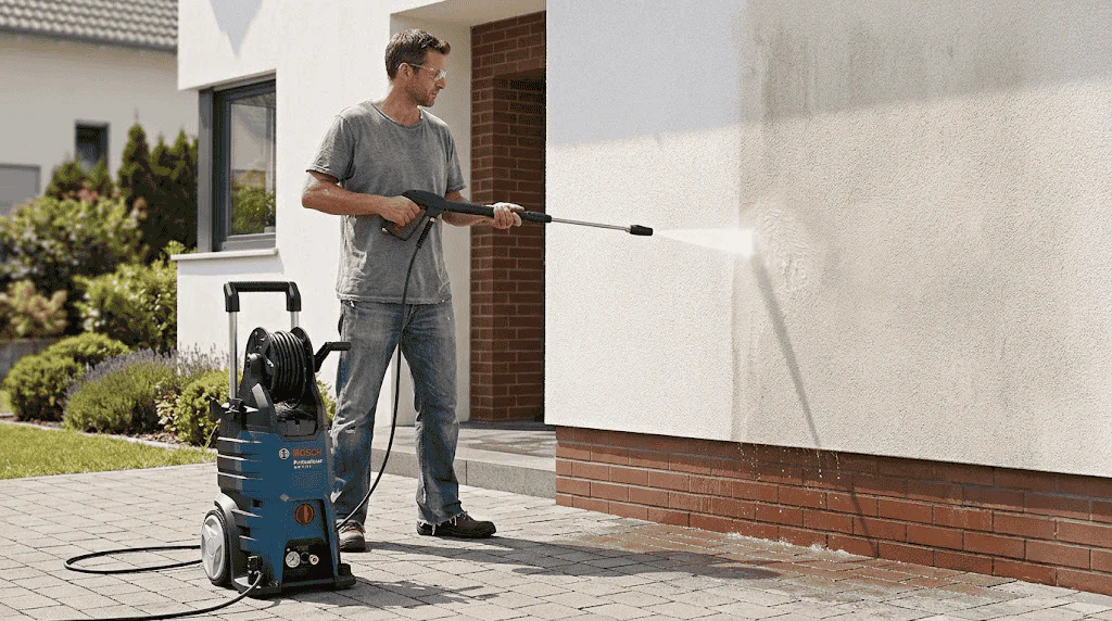 Man using a pressure washer to clean the outside wall of a house on a paved path.