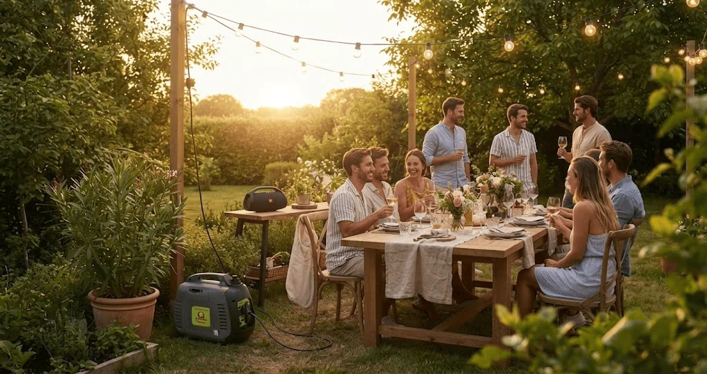 Group of friends at an outdoor dinner party in a garden at sunset, toasting with glasses around a wooden table with flower centerpieces.