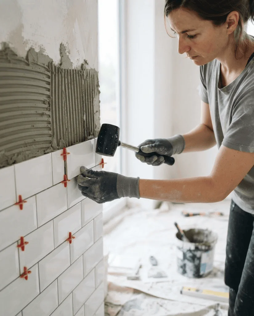 Colocando azulejos en una pared.
