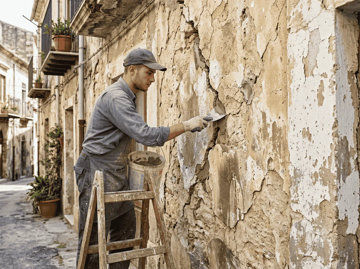 Man on a ladder plastering a crumbling exterior wall with a trowel and bucket nearby